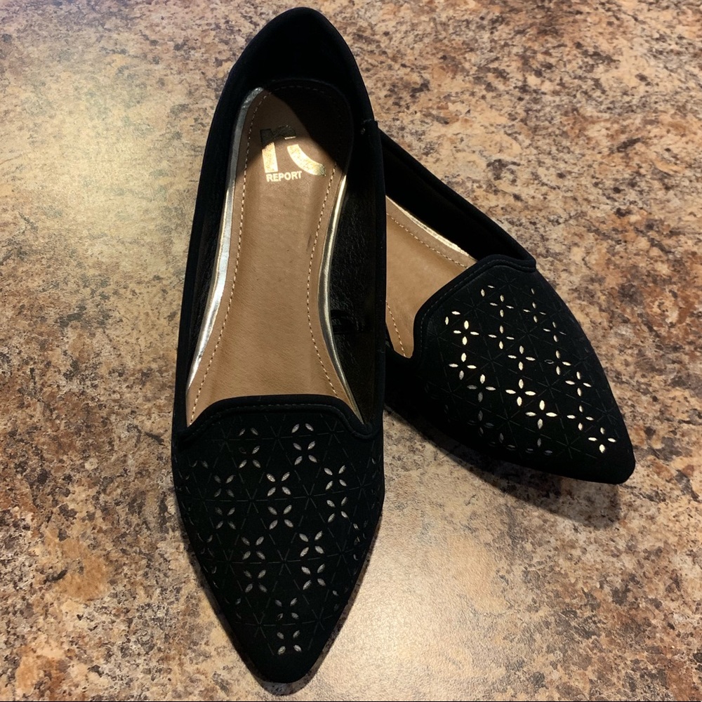 Report brand black and gold flats, women’s size 8
